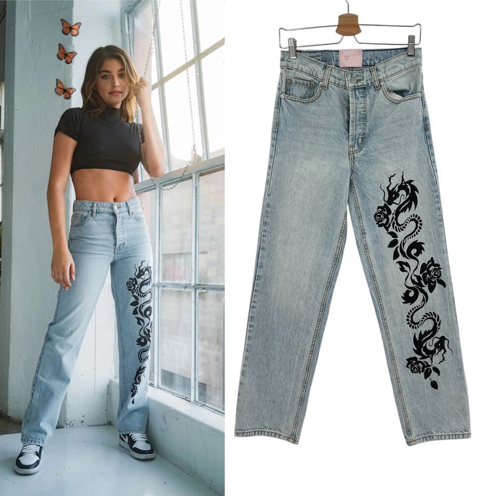Revice Denim Super 80's 1984 Dragon‎ Graphic Print Jeans Light Wash Blue Size 25